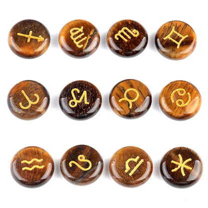 Natural Crystal Horoscope Symbols Engraved Stones (Set of 12) for Reiki Healing Meditation Balancing Gemstone Pocket Stone Gifts