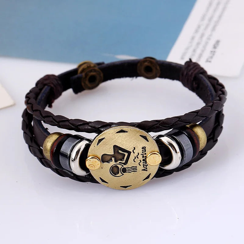 12 Horoscope Leather Bracelet for Women Man Vintage Retro Charm Male Bracelets Jewelry Gifts Pulseras Hombre Pulseras De Mujer